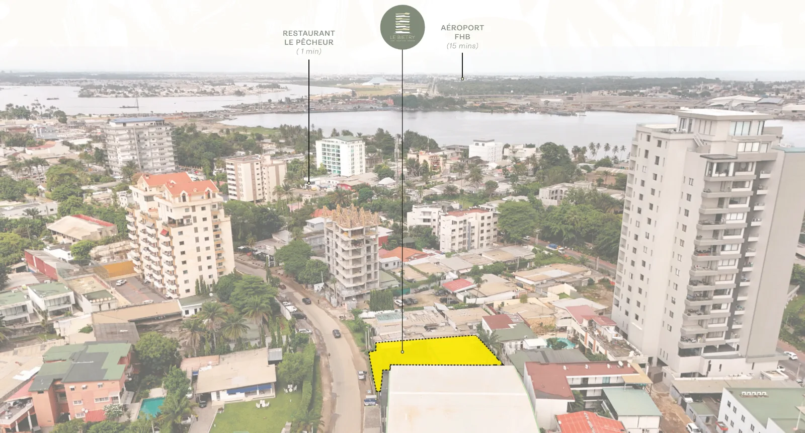 Vue aérienne du quartier de Biétry, la parcelle du Bietry surlignée
