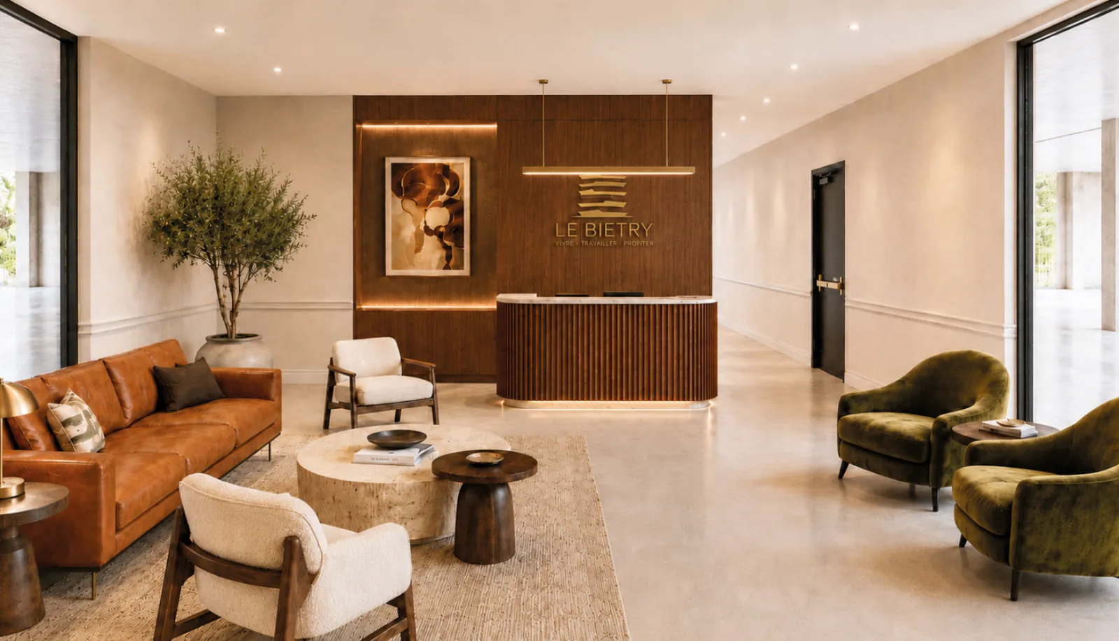 Le lobby du Bietry, avec sa banque d'accueil en bois et ses fauteuils, vue d'architecte