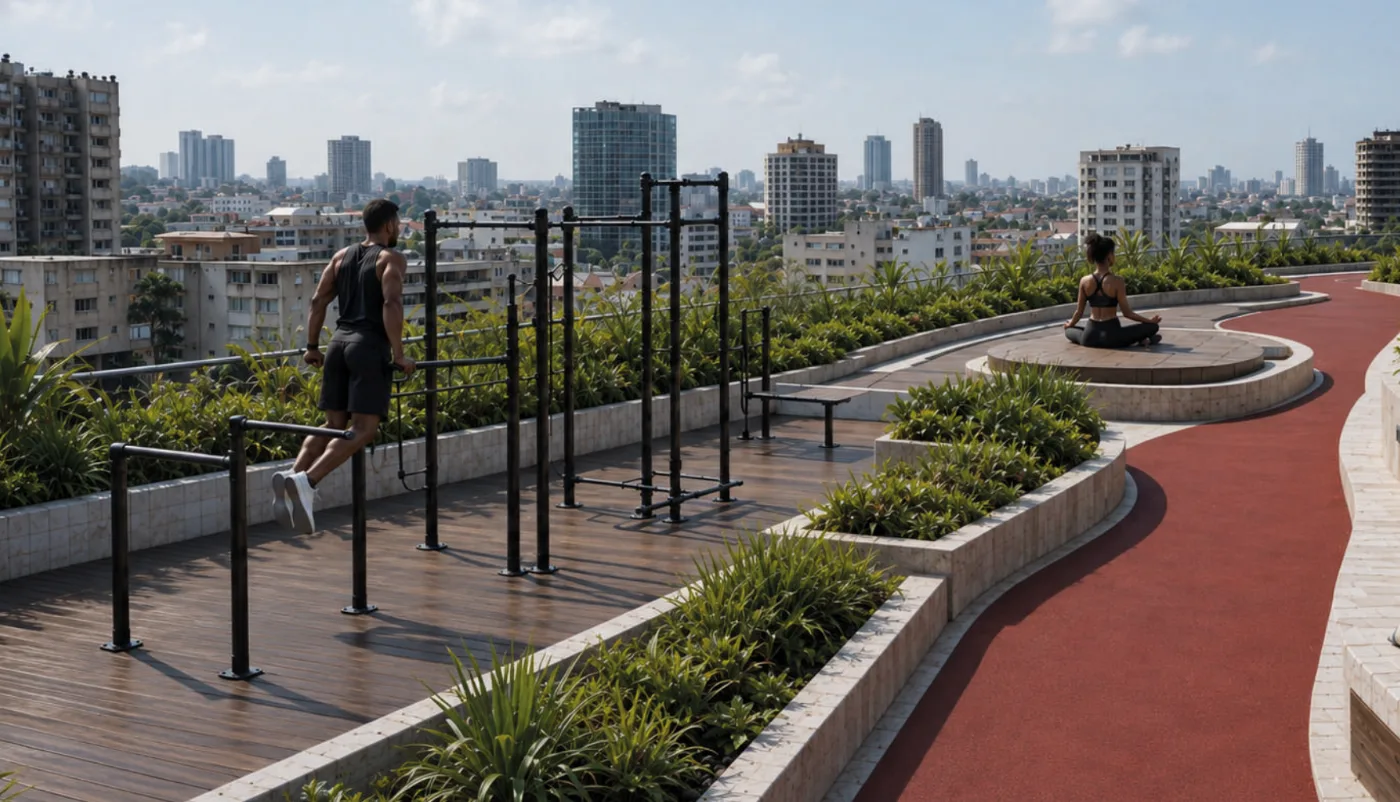 Le parcours de santé, avec sa piste et ses agrès, vue d'architecte