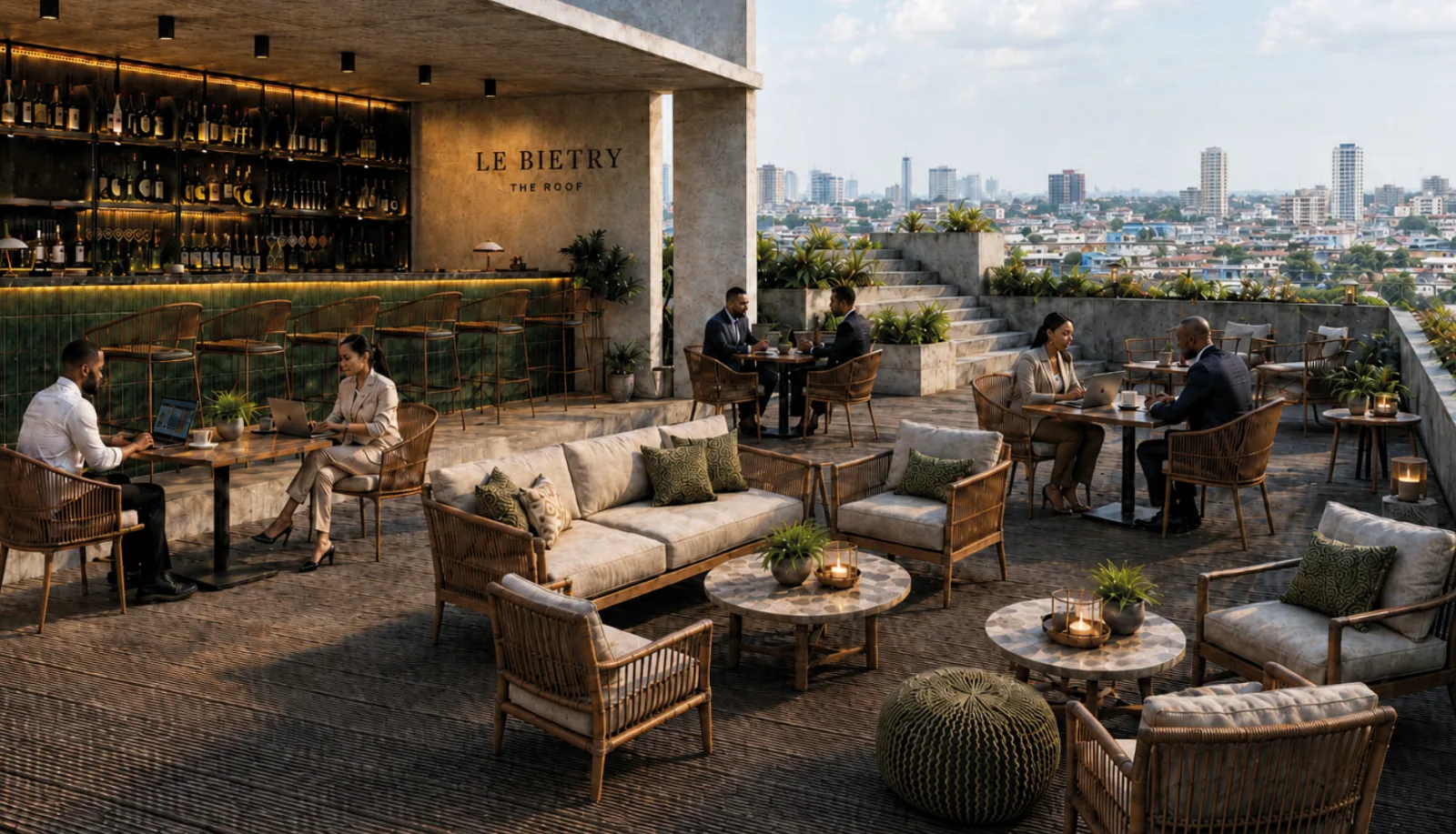 Le lounge du rooftop au coucher du soleil, vue d'architecte