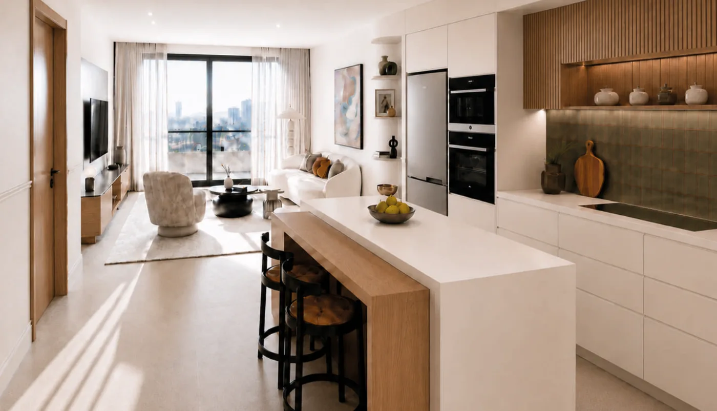 Le séjour et la cuisine ouverte d'un appartement, vue d'architecte